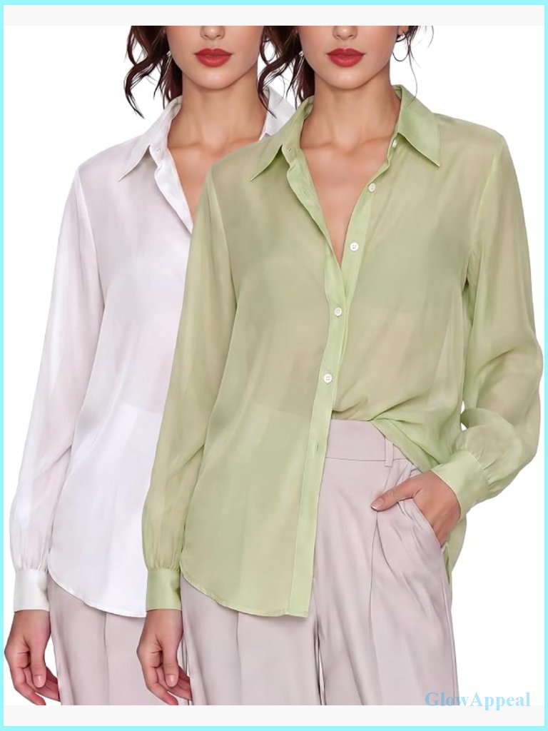 2 Pack Sheer Button Up Blouse Long Sleeve See Through Mesh Shirt Sheer Top